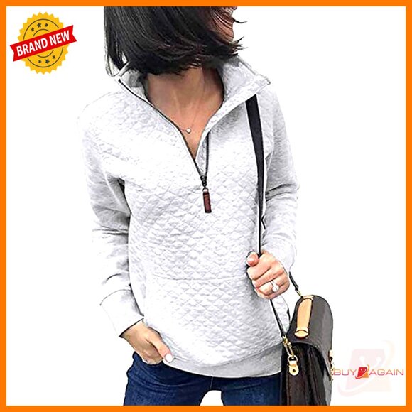 Tops - Quilted Pattern Lightweight Zipper Pullover Long Sleeve Casual Chic Oversized